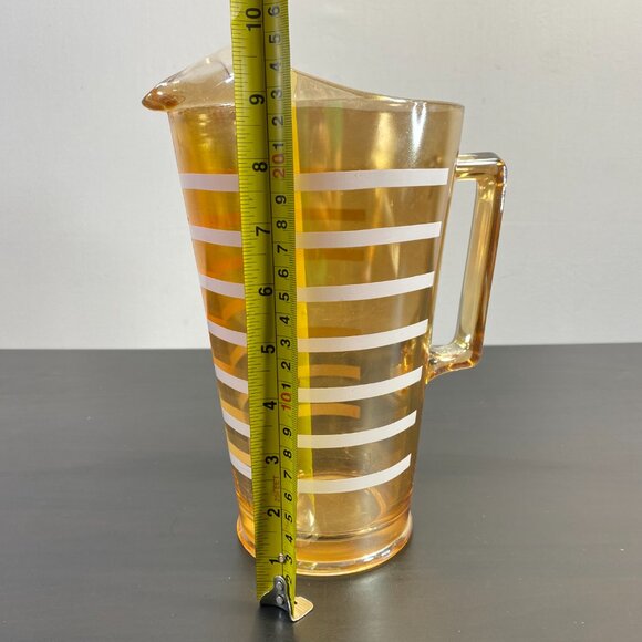 Vintage Amber Iridescent Carnival Glass Pitcher White Stripe Pattern Ice Lip - Picture 5 of 10